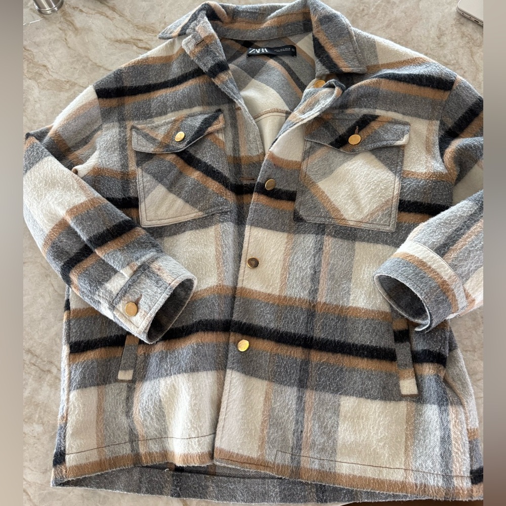 Zara Women's Checkered Utility Jacket - Cream, Gray, Brown